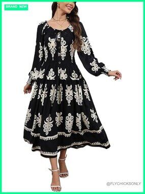 Long Sleeve Square Neck Smocked High Waist Flowy Maxi Dress Boho Beach Party